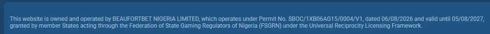 1xbet.ng footer text naming Beaufortbet Nigeria Limited and its FSGRN permit number