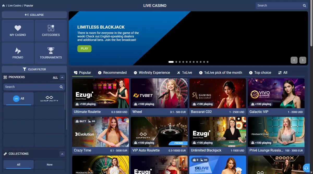 1xBet live casino lobby with Ezugi, TVBet, Evolution and Pragmatic Play tables