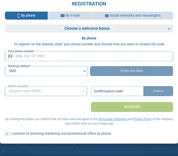 1xBet registration form asking for a +234 phone number and an SMS code