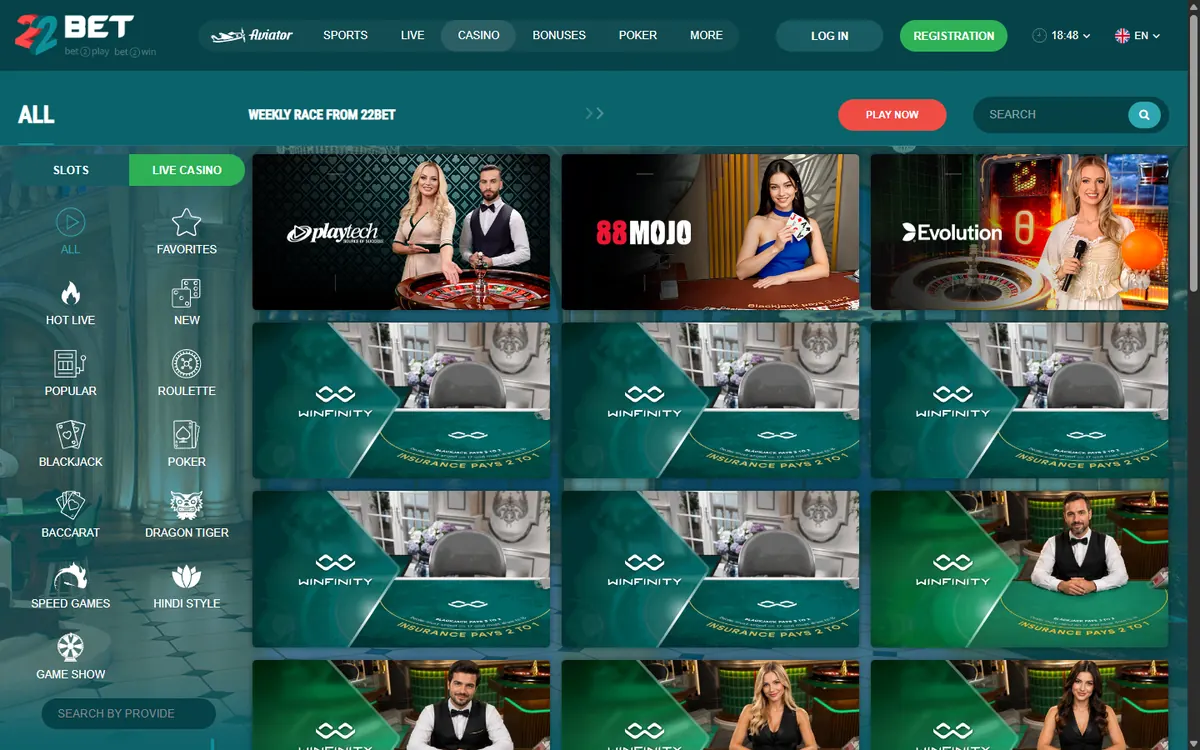 22bet.ng live casino with Playtech, 88Mojo, Evolution and Winfinity tables
