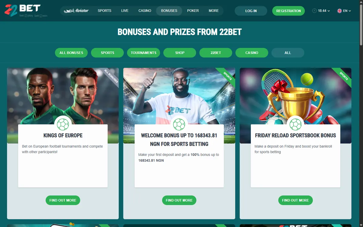 22bet.ng bonuses page with Kings of Europe, the sports welcome bonus and the Friday reload