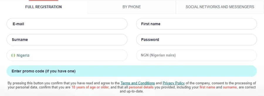 22bet.ng registration form: e-mail, first name, surname, password, Nigeria and NGN preset, promo code