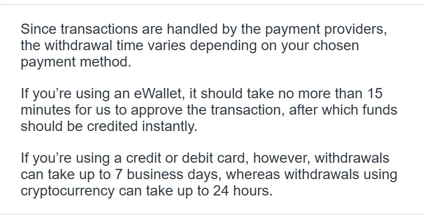 22bet.ng FAQ: eWallet withdrawals approved within 15 minutes, cards up to 7 business days, cryptocurrency up to 24 hours