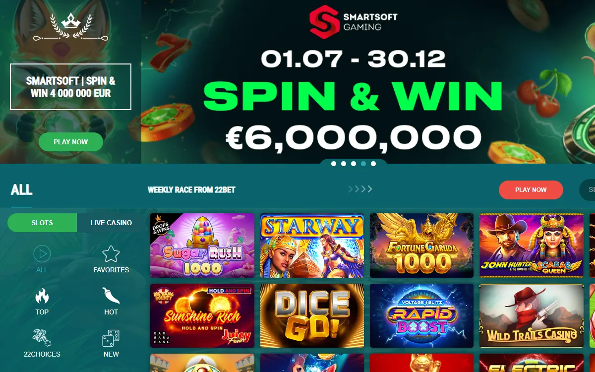 22Bet review: the 22bet.ng slots lobby with the SmartSoft Spin and Win banner