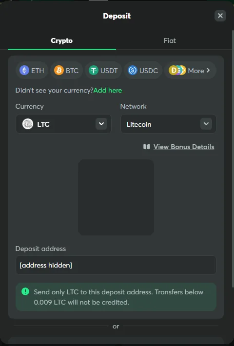 BC.Game Litecoin deposit modal with the Litecoin network selected and the address hidden