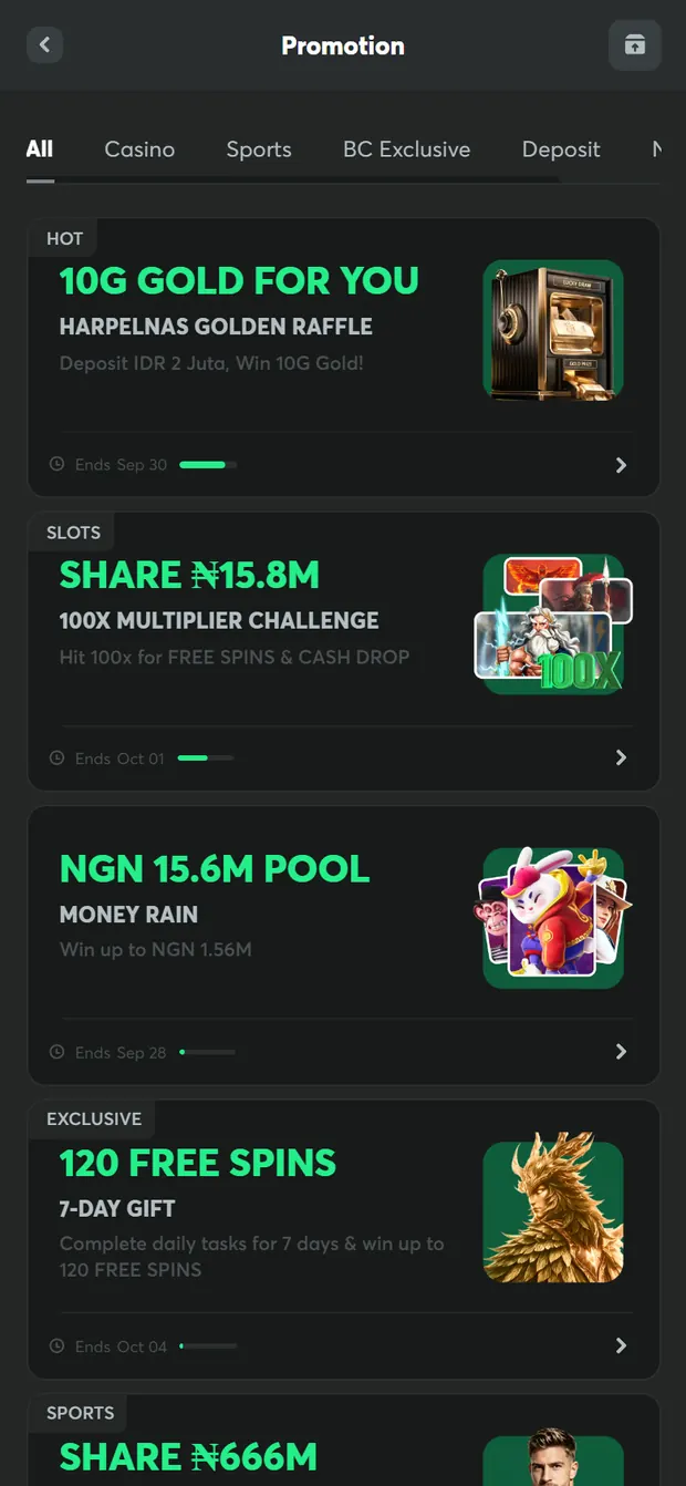 BC.Game mobile promotions page with naira prizes