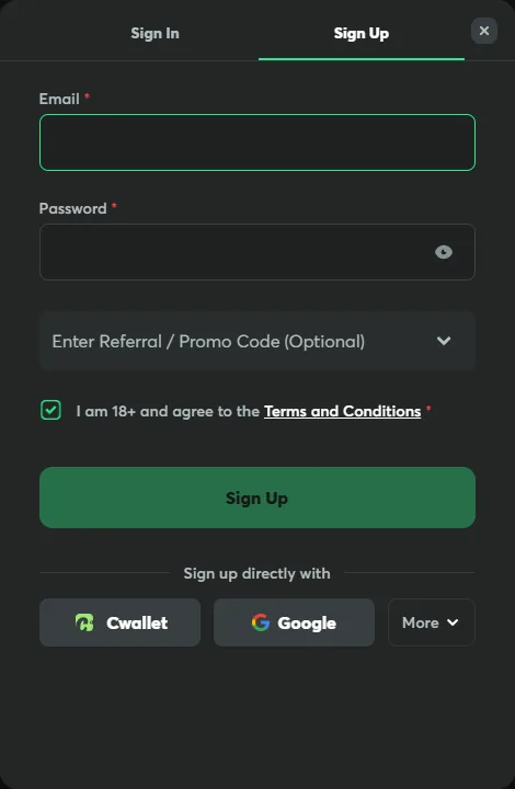 BC.Game sign-up form with e-mail, password and 18+ box