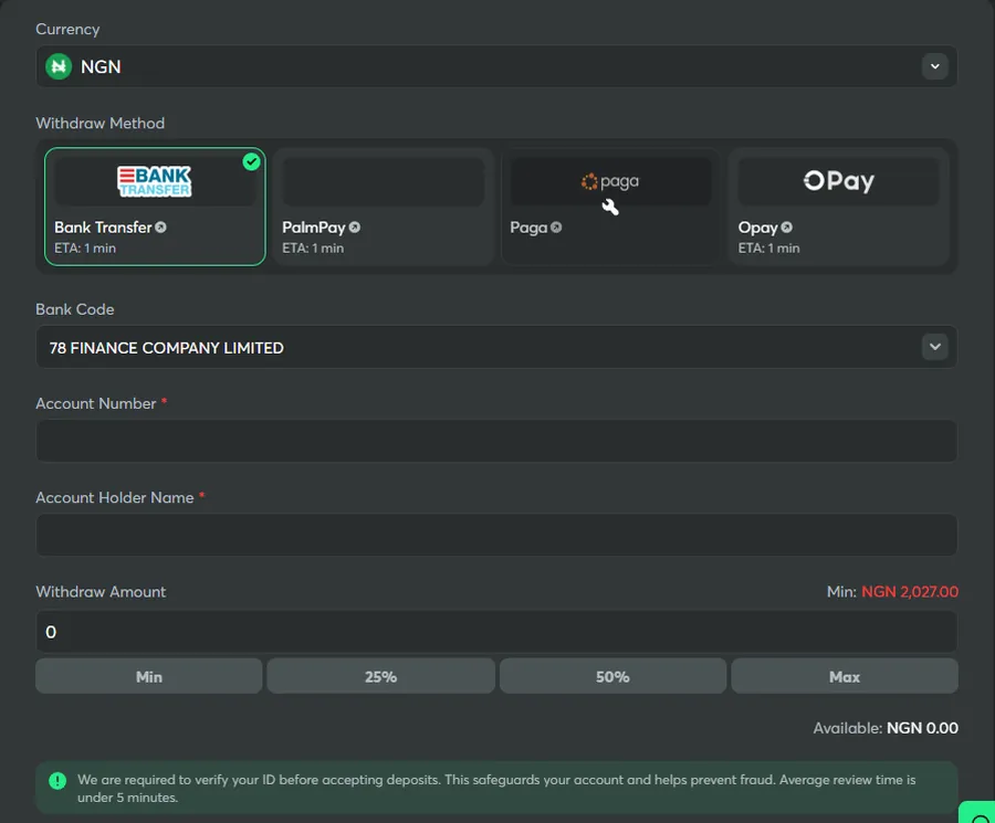 BC.Game naira withdrawal screen with Bank Transfer, PalmPay, Paga and Opay and a 2,027 naira minimum
