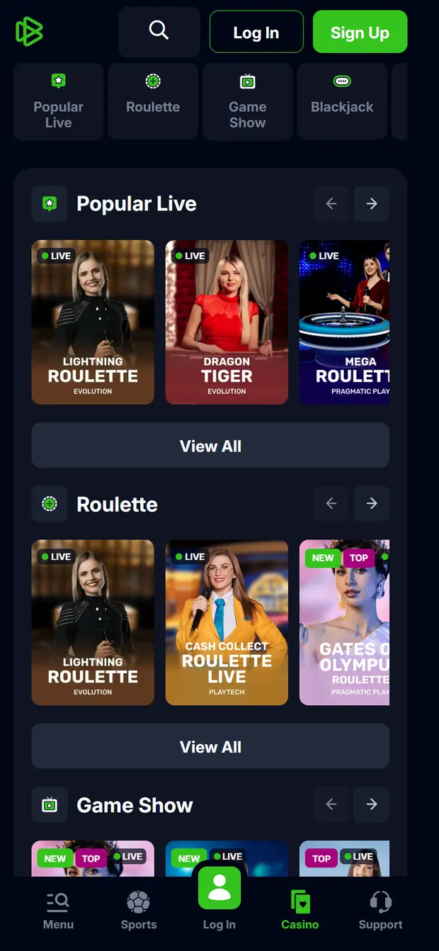 Bets.io mobile live casino with Popular Live and Roulette rows