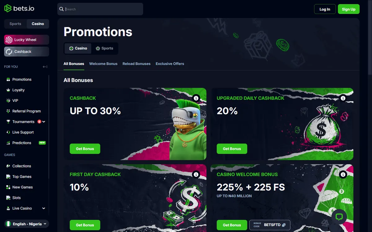 Bets.io promotions page from Nigeria: cashback up to 30%, first day cashback 10% and the casino welcome bonus 225% + 225 FS up to 40 million naira with code BETSFTD