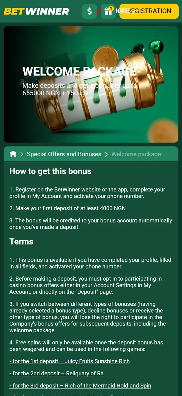 Betwinner.ng mobile welcome package page: up to 655,000 NGN plus 150 free spins