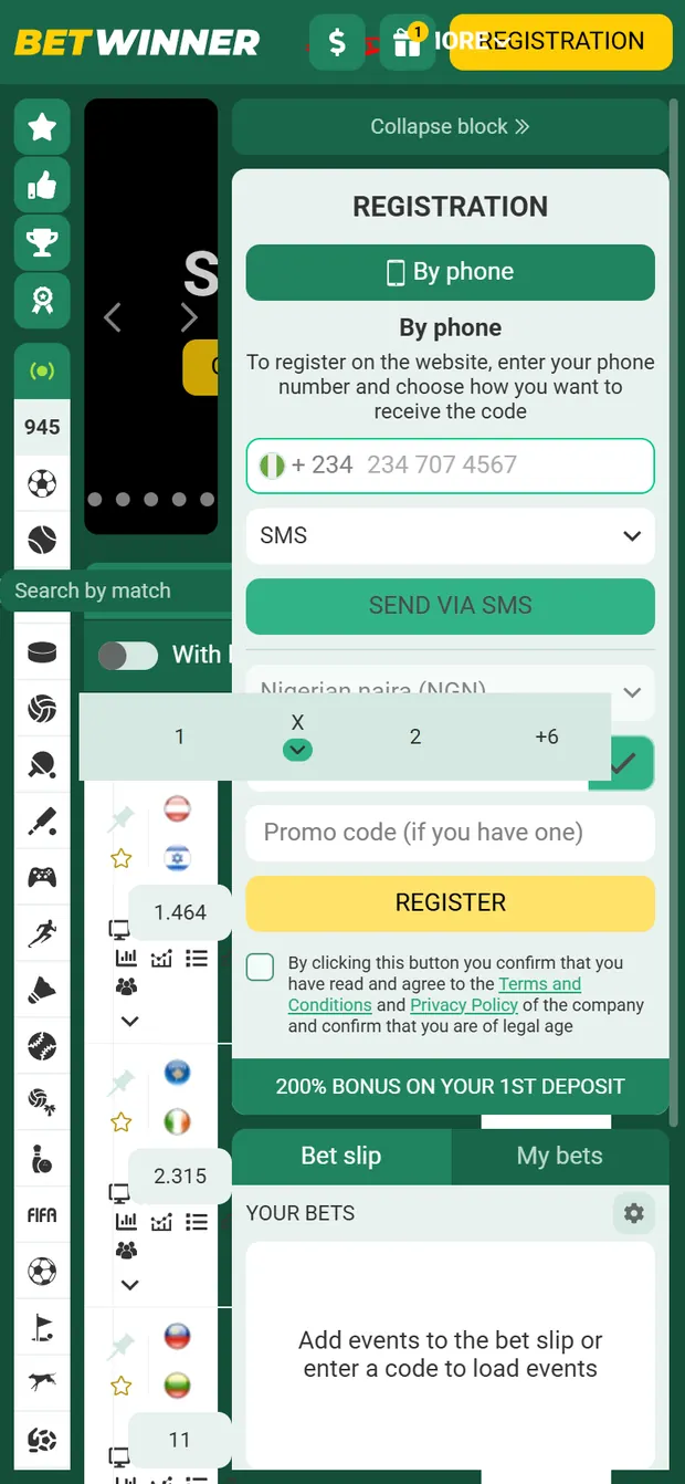 Betwinner.ng mobile home with the phone registration form and naira preset