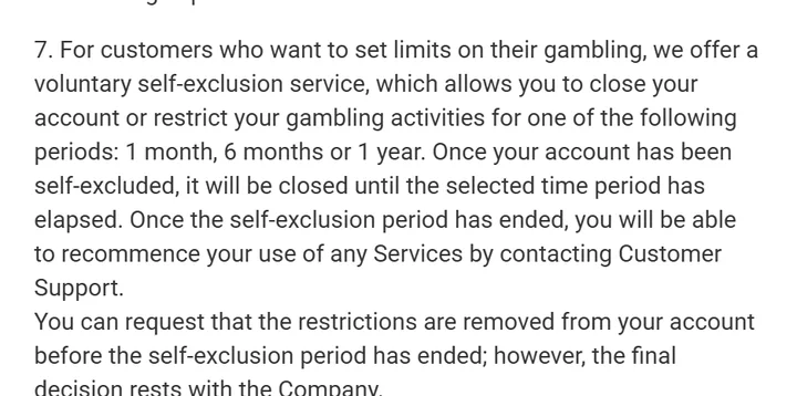 Betwinner responsible gaming rules: self-exclusion for 1 month, 6 months or 1 year; early removal is the company's decision