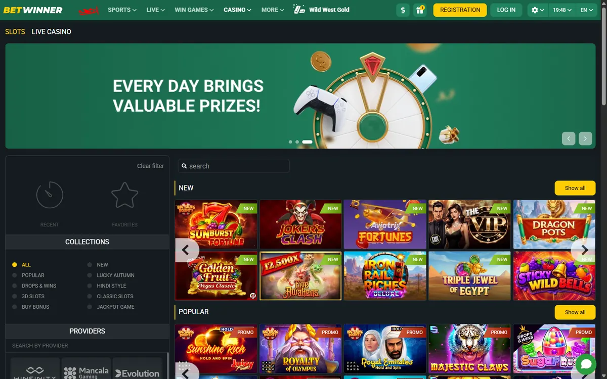 Betwinner.ng slots lobby with New and Popular rows and the collections menu