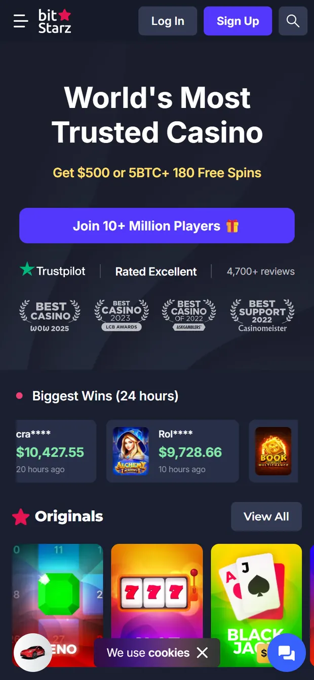 BitStarz mobile home with the $500 or 5BTC welcome offer and Originals