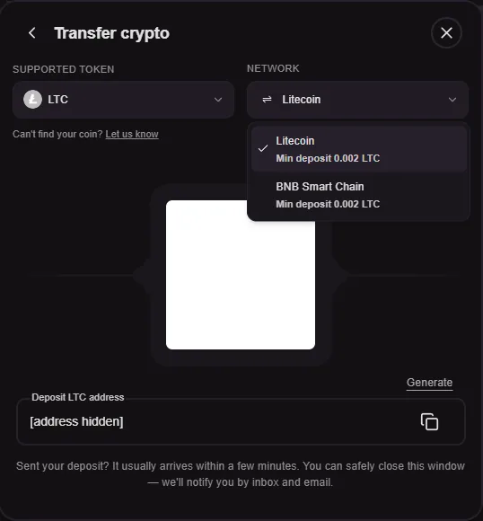 Cloudbet Litecoin deposit screen with the network list open: Litecoin and BNB Smart Chain, 0.002 LTC minimum each