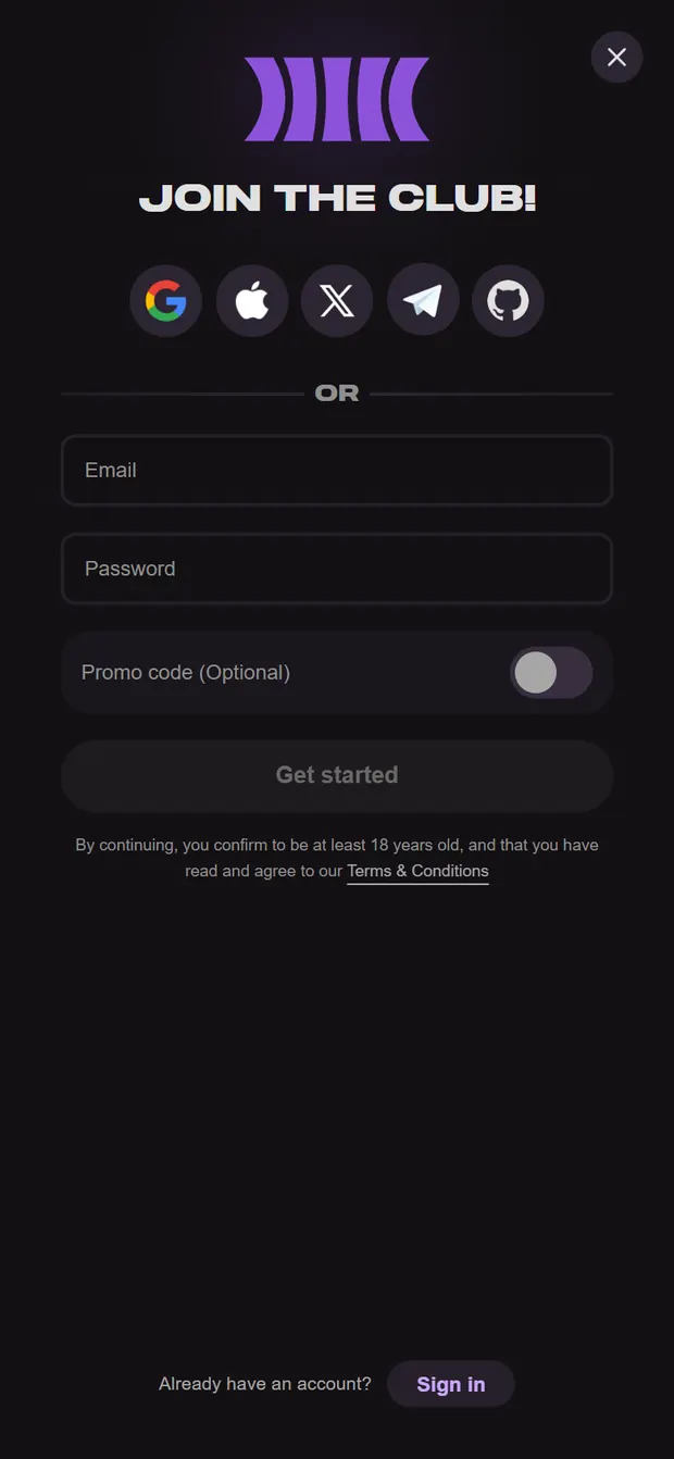 Cloudbet sign-up form on a phone: Google, Apple, X, Telegram and GitHub buttons, e-mail, password and optional promo code
