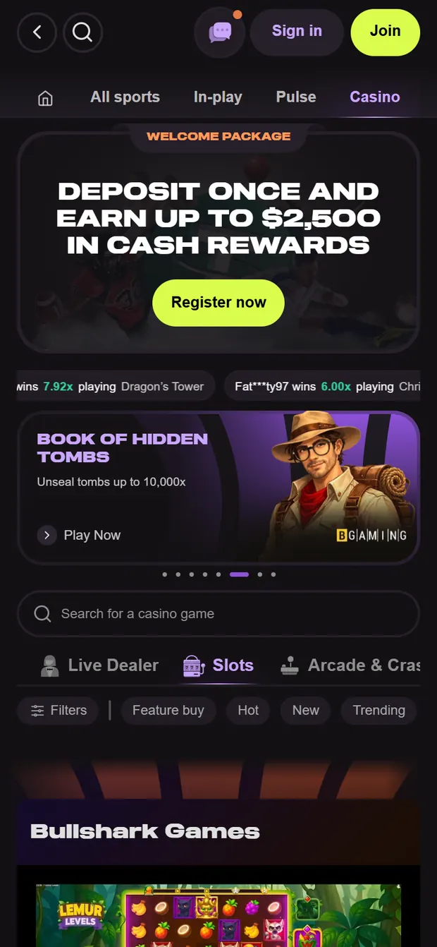 Cloudbet mobile casino lobby with the welcome package banner and the slots tab