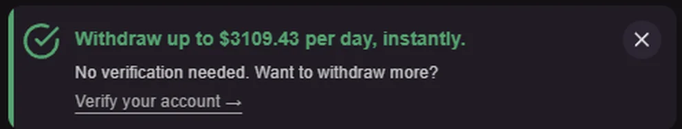 Cloudbet withdrawal panel: withdraw up to $3109.43 per day, instantly, no verification needed