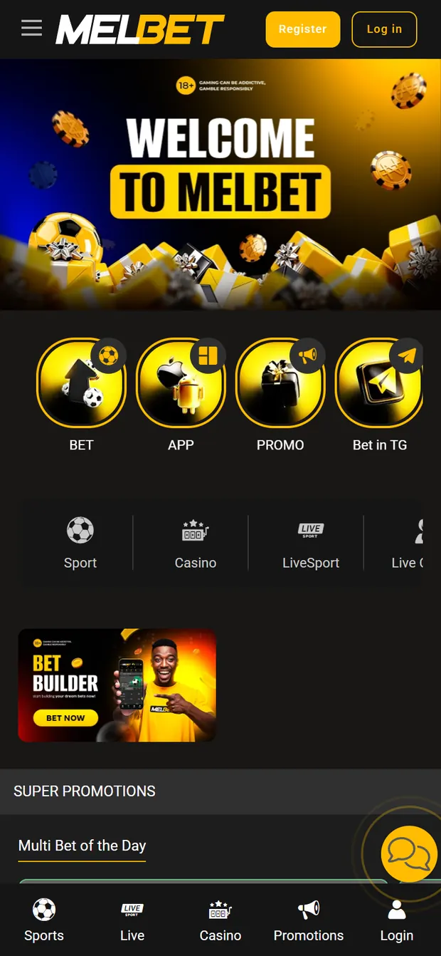melbet.ng mobile home screen with Bet, App, Promo and Bet in TG shortcuts