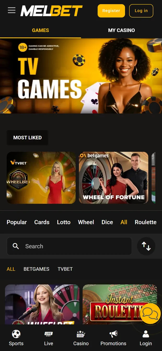 melbet.ng mobile TV games lobby with Wheelbet and Wheel of Fortune