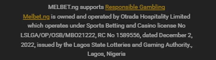 melbet.ng footer text naming Otrada Hospitality Limited and its Lagos licence number