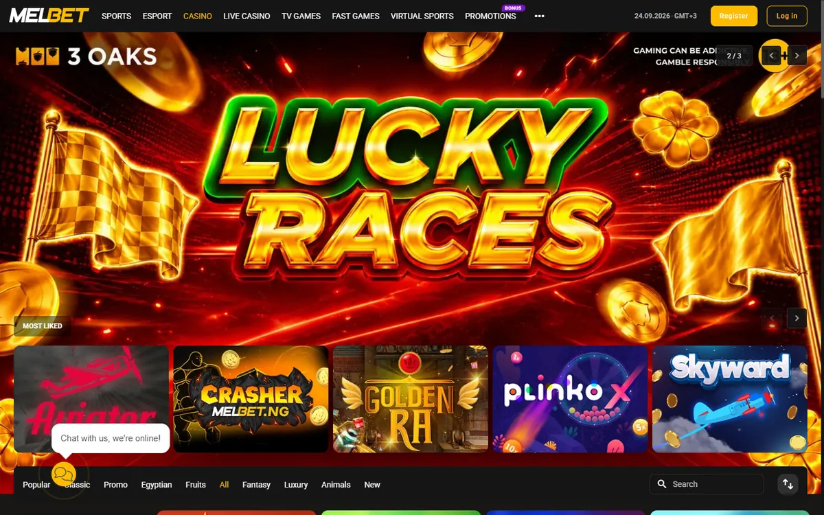 Melbet review: the melbet.ng casino lobby with Lucky Races, Aviator and Crasher