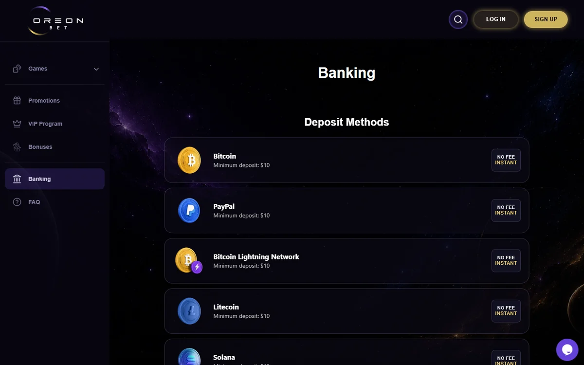 OreonBet banking page deposit methods: Bitcoin, PayPal, Bitcoin Lightning, Litecoin, each minimum deposit $10, no fee, instant