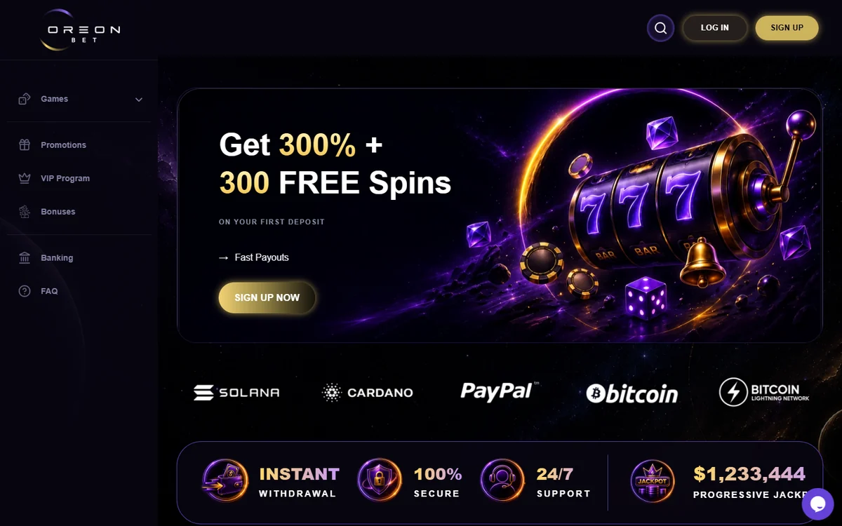 OreonBet home page: 300% plus 300 free spins banner, coin logos and a $1,233,444 progressive jackpot