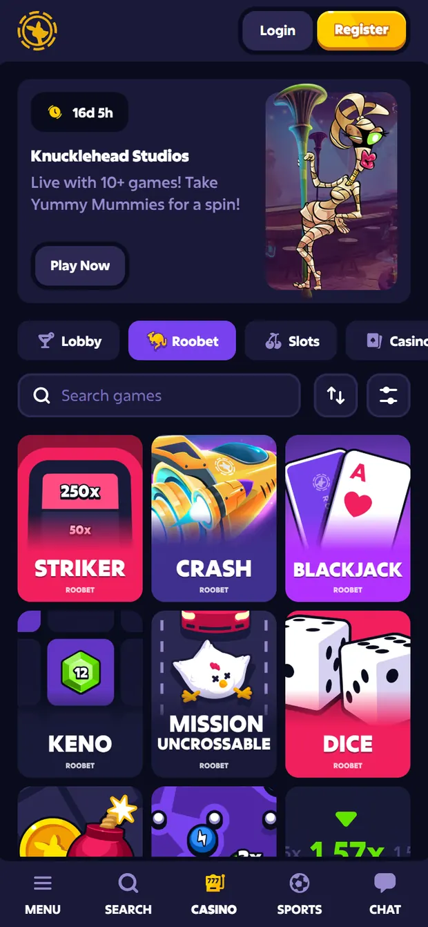 Roobet mobile Originals grid with Striker, Crash and Blackjack