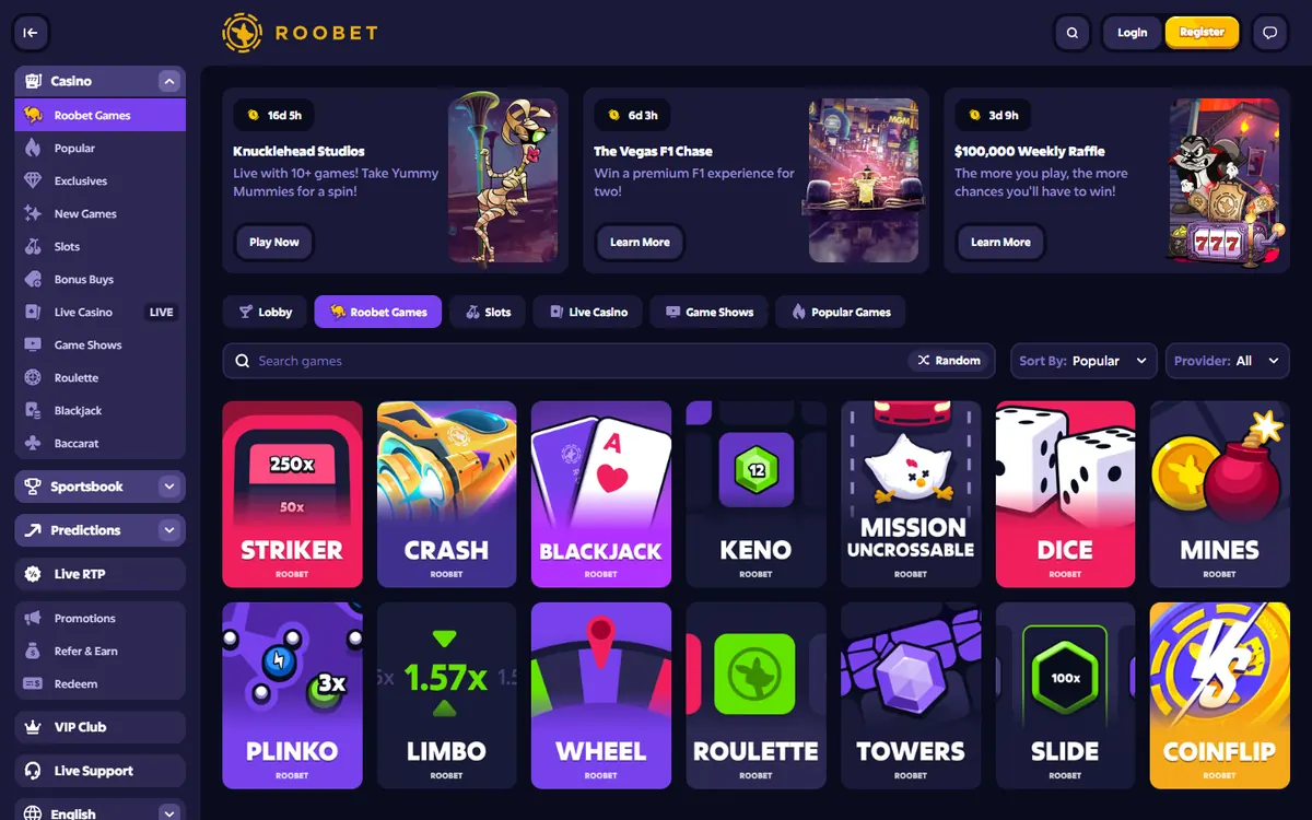 Roobet Originals: Striker, Crash, Blackjack, Keno, Mission Uncrossable, Dice, Mines, Plinko, Limbo and more