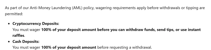Roobet help centre: under the AML policy you must wager 100% of your crypto or cash deposit before you can withdraw