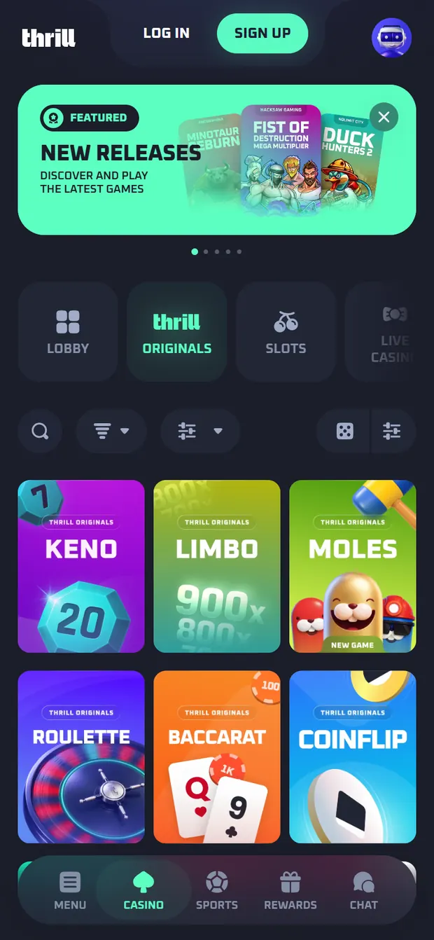 Thrill mobile Originals grid: Keno, Limbo, Moles, Roulette, Baccarat, Coinflip