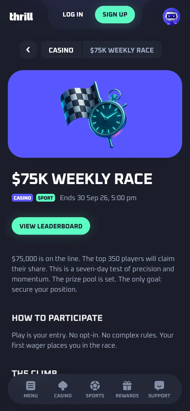 Thrill mobile $75K weekly race page
