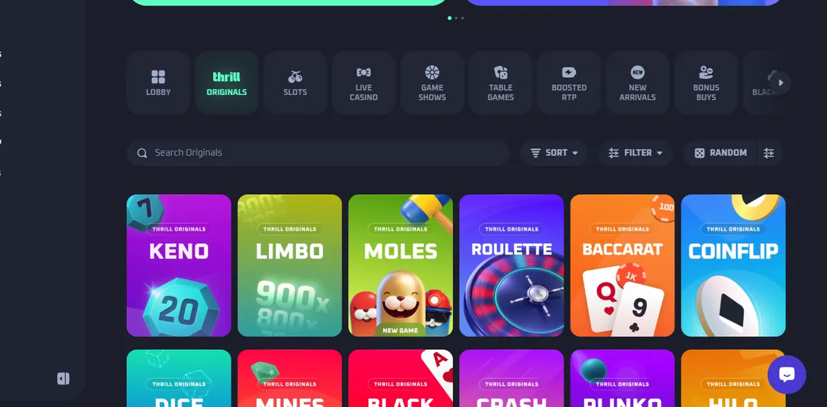 Thrill Originals grid: Keno, Limbo, Moles, Roulette, Baccarat, Coinflip and more