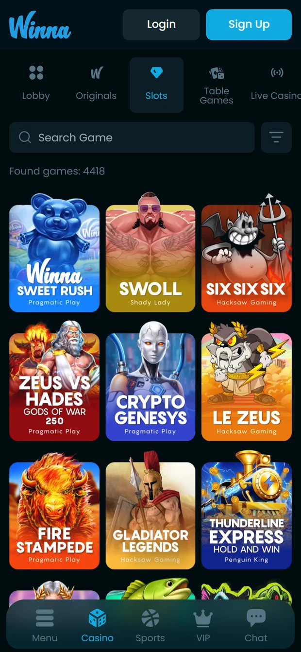 Winna mobile slots lobby with search, bonus buy filter and slot tiles