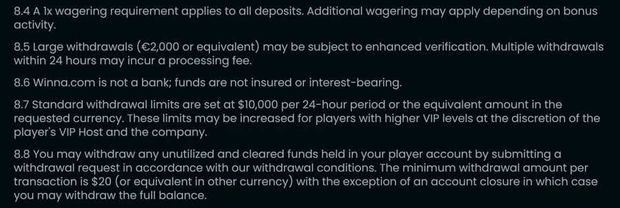 Winna terms 8.4 to 8.8: 1x wagering on deposits, enhanced verification from 2,000 euros, 10,000 dollar daily limit, 20 dollar minimum withdrawal