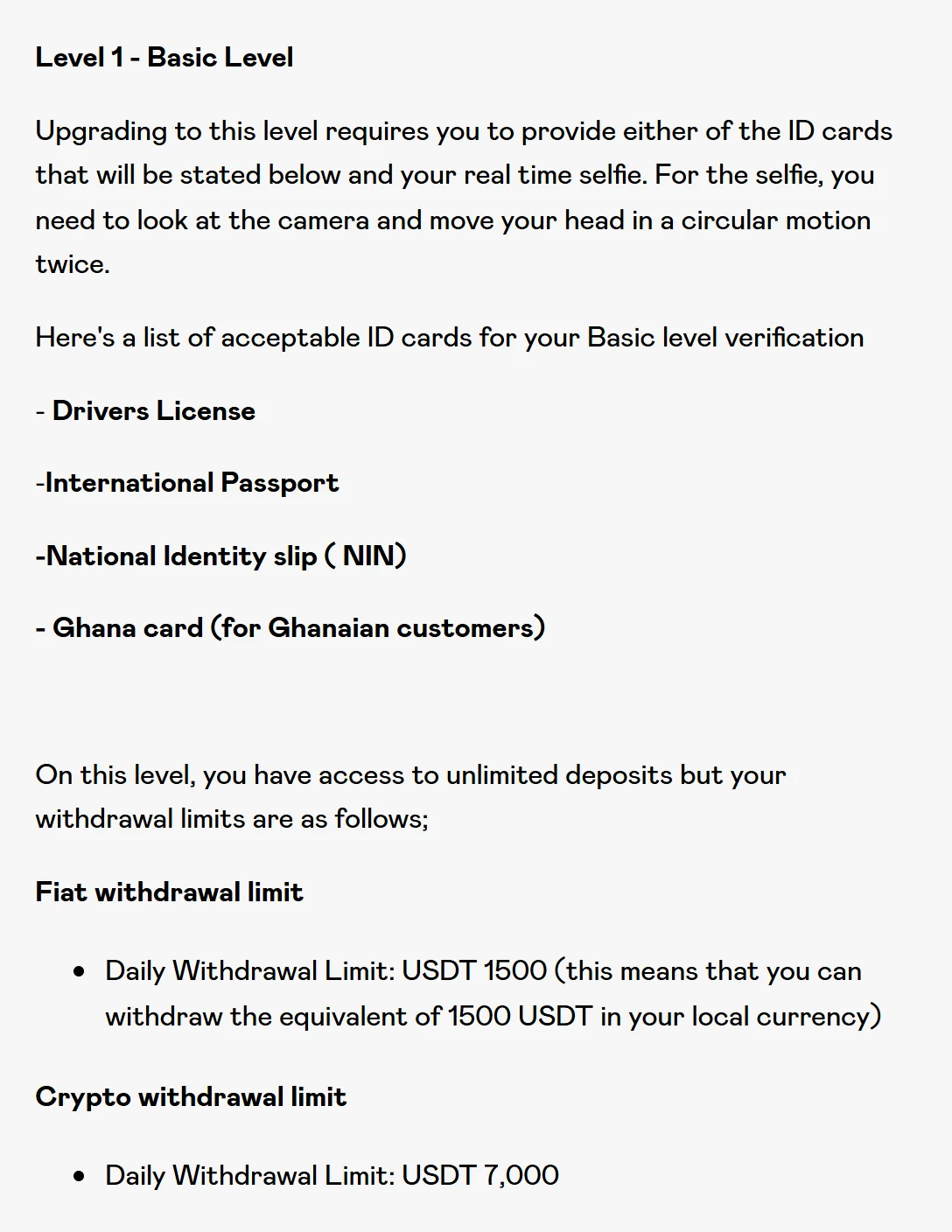 Quidax KYC Documents and Limits: Basic level needs a driver's licence, international passport or NIN slip plus a selfie; daily limits 1,500 USDT fiat and 7,000 USDT crypto