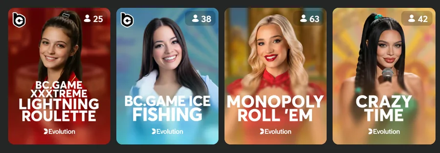 How live casino games work: BC.Game live game shows including XXXtreme Lightning Roulette, Ice Fishing, Monopoly Roll 'Em and Crazy Time by Evolution