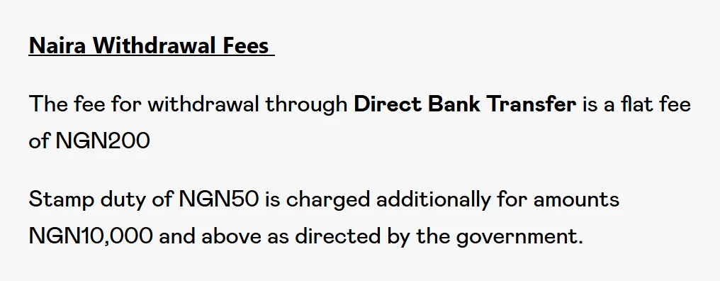 Quidax fees page: naira withdrawal by direct bank transfer is a flat NGN200, with NGN50 stamp duty on amounts of NGN10,000 and above