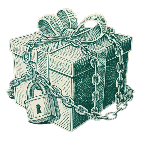 Line drawing of a gift box wrapped in a chain with a padlock