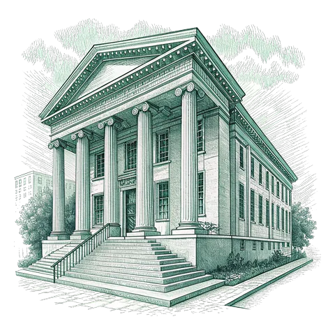 Line drawing of a bank building with columns and steps