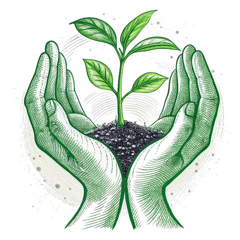 Line drawing of two hands cupping a small green plant