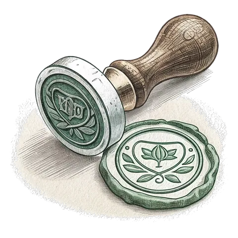 Line drawing of a rubber stamp and a wax seal