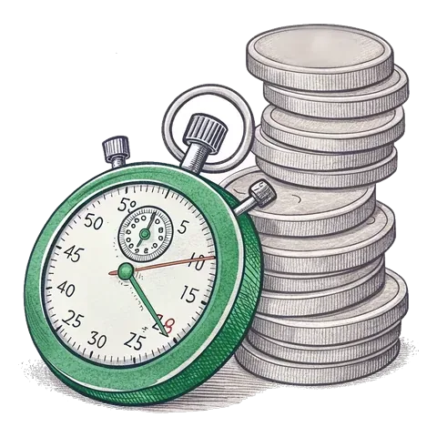 Line drawing of a stopwatch beside a stack of coins