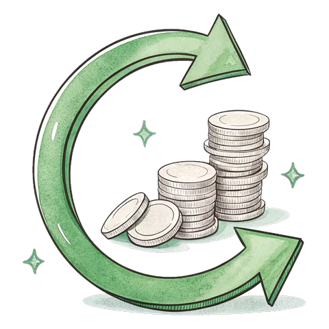 Line drawing of a circular arrow around a small stack of coins