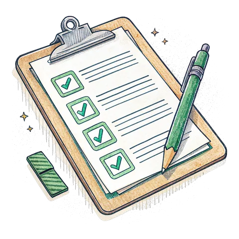 Line drawing of a clipboard with a ticked checklist and a pen