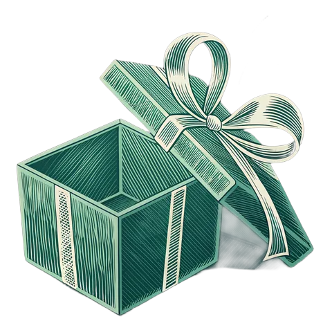 Line drawing of an open gift box with a ribbon bow