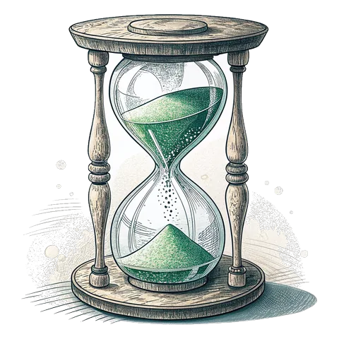 Line drawing of an hourglass with sand running