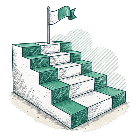 Line drawing of stair steps rising to a small flag at the top